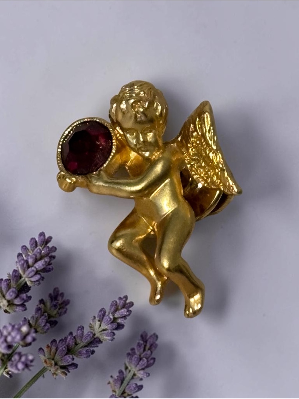 Avon Gold Cherub Lapel Pin with Deep Red Gemstone 1”